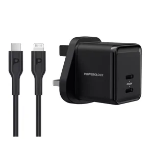 شارژر 2 پورت 35 وات پاورولوژی مدل  2Output Super-Compact USB-C PD GaN PWCUQ012 با کابل